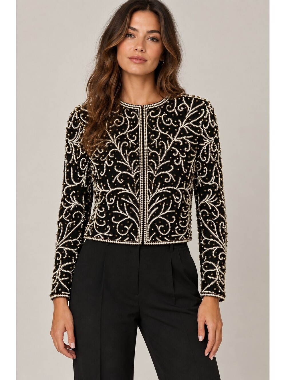 Vintage Women's Scala 100% Silk Beaded Pearl Jacket Top Black Gold Blazer L